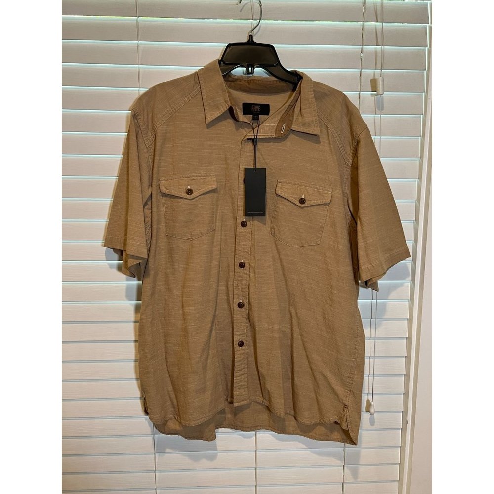 Frye Mens Short Sleeve Slub Cotton Button Down Shirt Khaki Tan Utility XXL NEW
